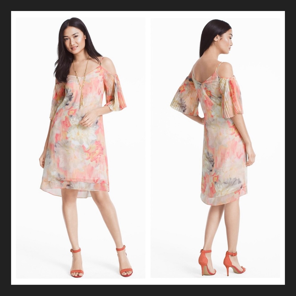 WHBM Cold Shoulder Pleat Sleeve Watercolor Print Dress